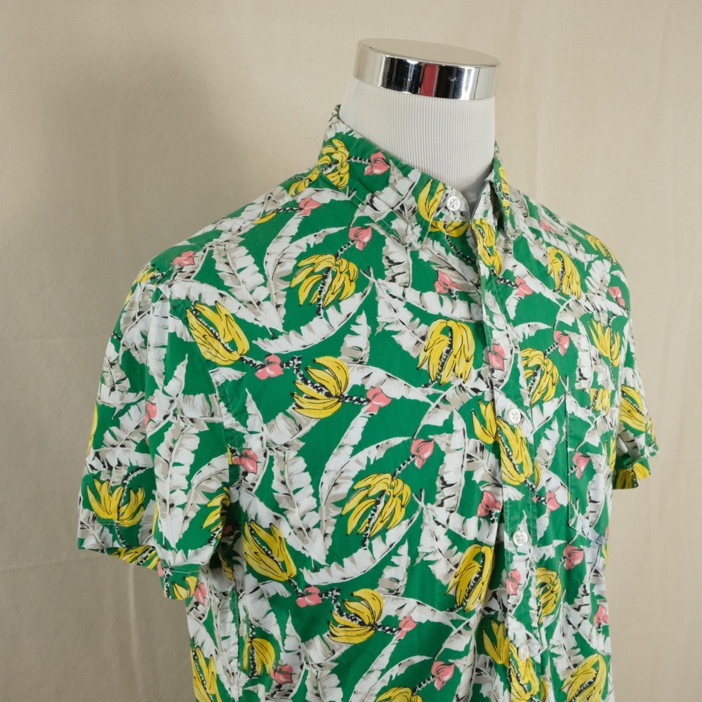 J. Crew Large Hawaiian Shirt Green Bananas Tropical Cotton Short Sleeve Mens